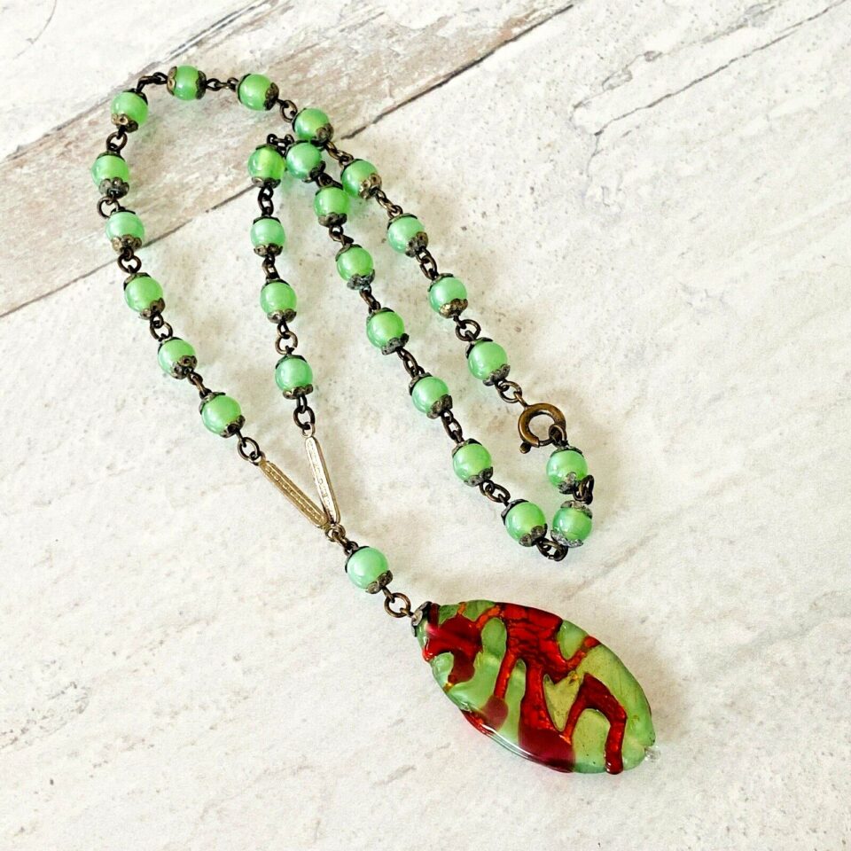 Czech Art Glass Pendant Necklace -  Moon Glow and Lava