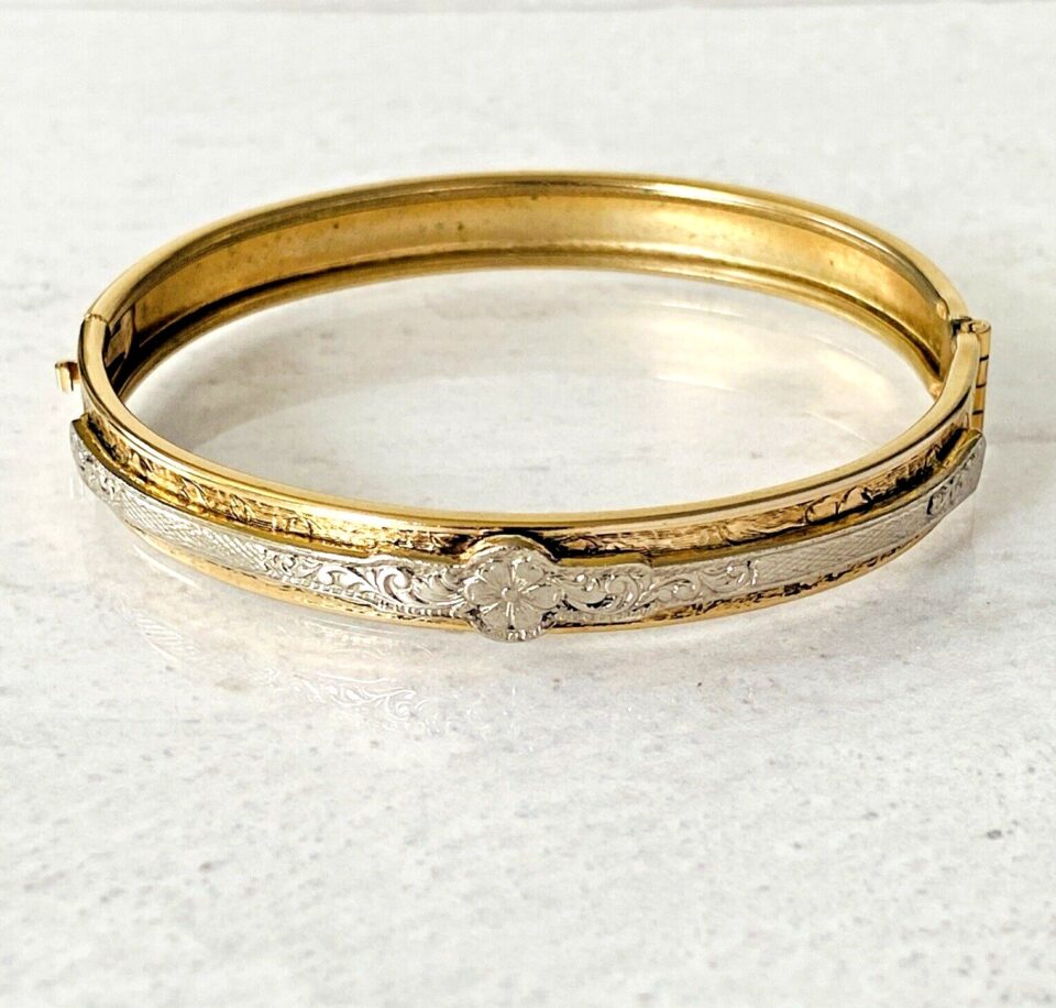Edwardian Revival Engraved Hinged Bangle Bracelet Thin Delicate Gold Silver Tone
