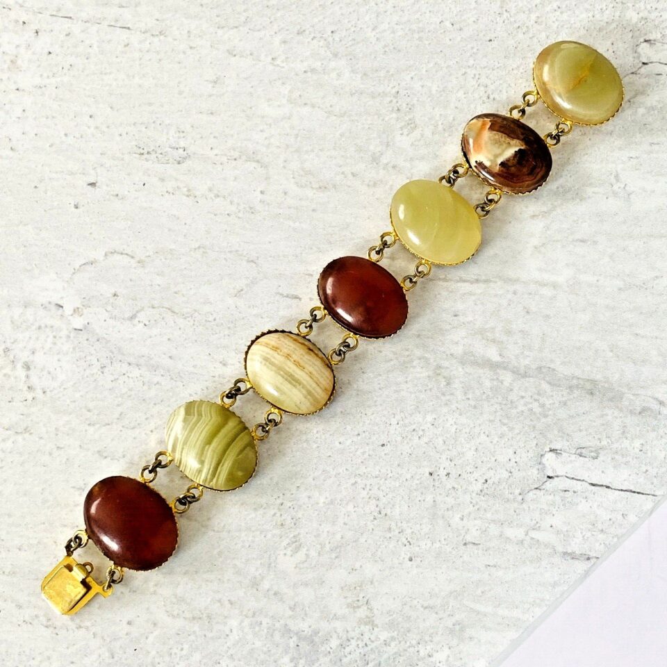 Vintage Italian Banded Chalcedony Bracelet with Green Agate and Carnelian Cabochons