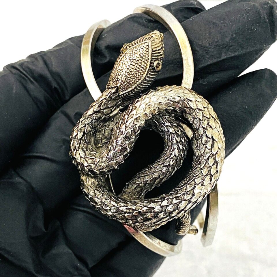 Vintage Silver Plated Coiled Snake Cuff Bracelet Hinged Bangle