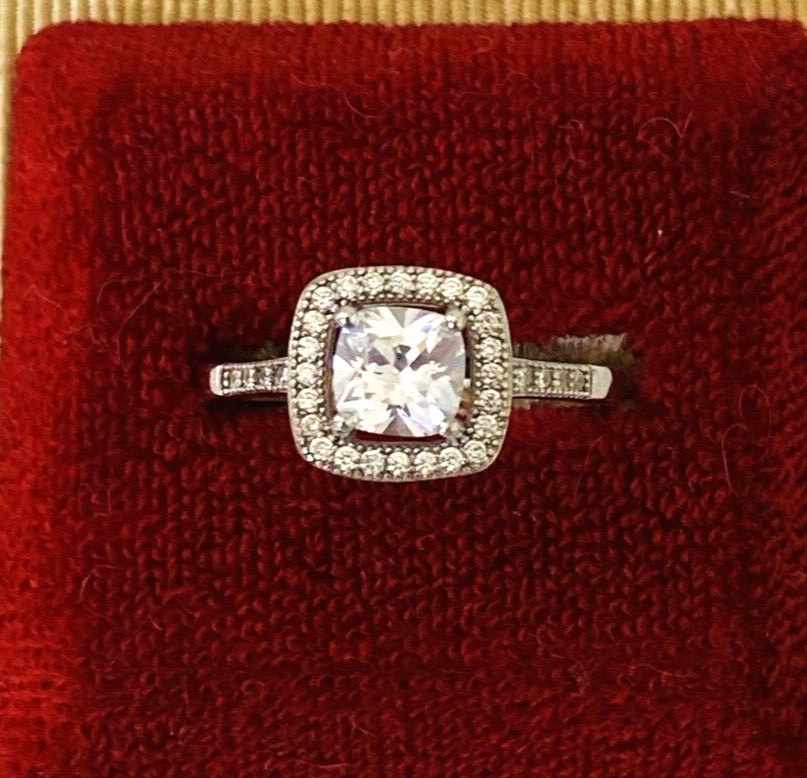 Vintage Sterling Silver Cubic Zirconia Halo Ring – Rhodium Plated – Size 7.75