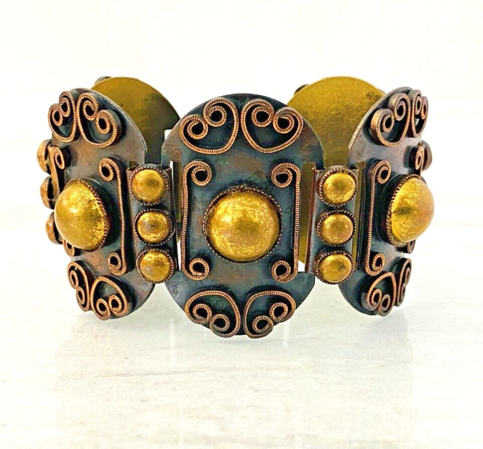Vintage Modernist Copper Brass Panel Link Bracelet Artisan Made 7 in L 1.75 in W