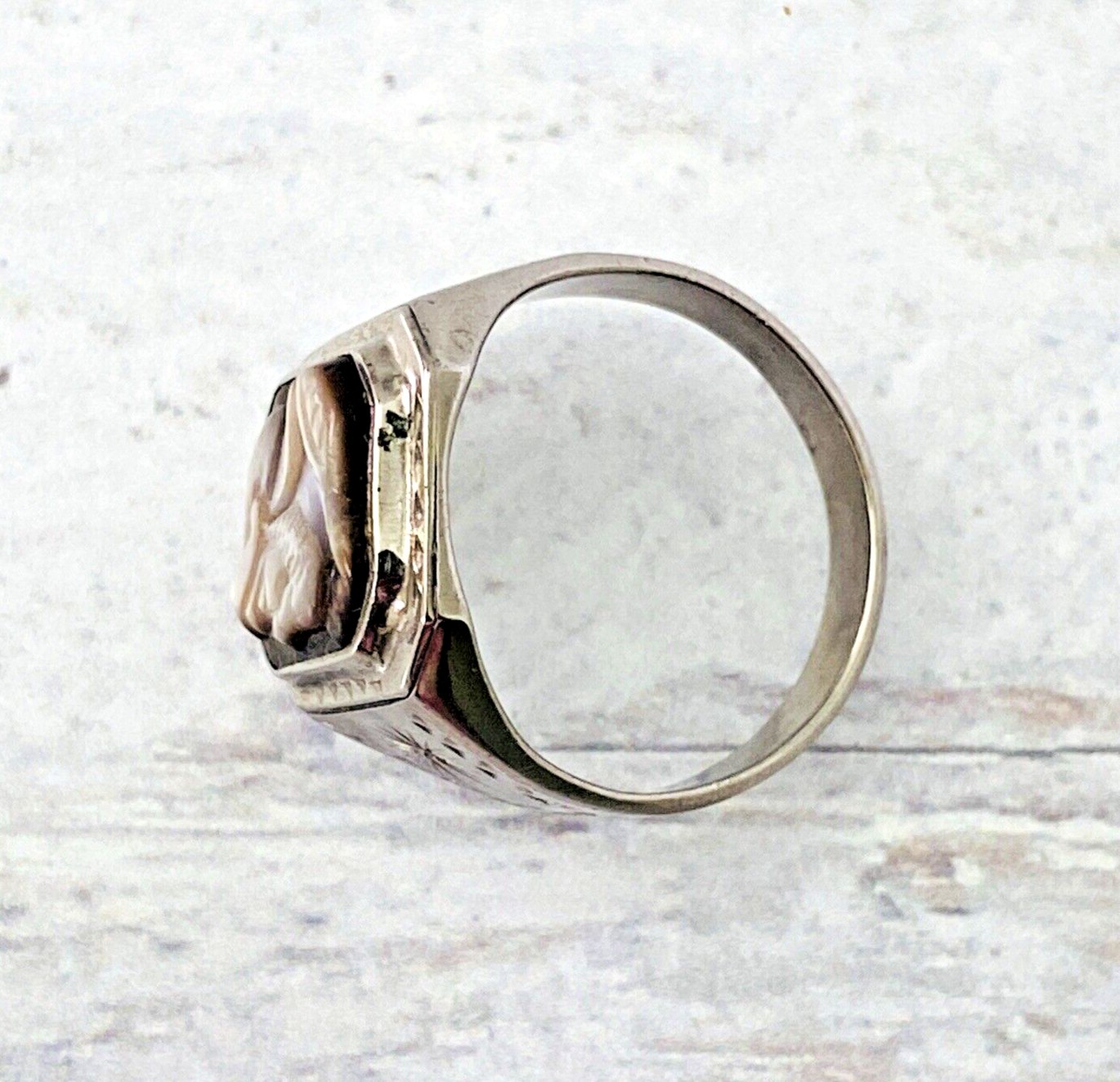 Antique Stainless Steel Signet Ring Centurion Cameo