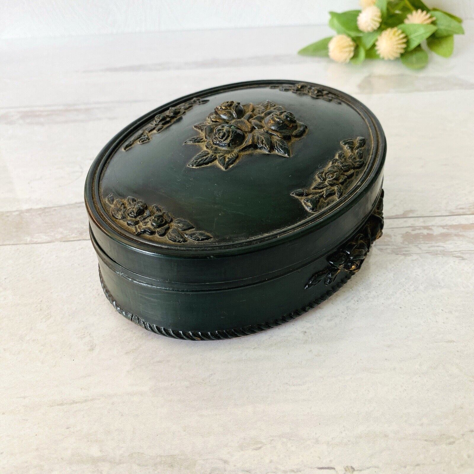Victorian Revival Imitation Jet Carved Roses Jewelry Box