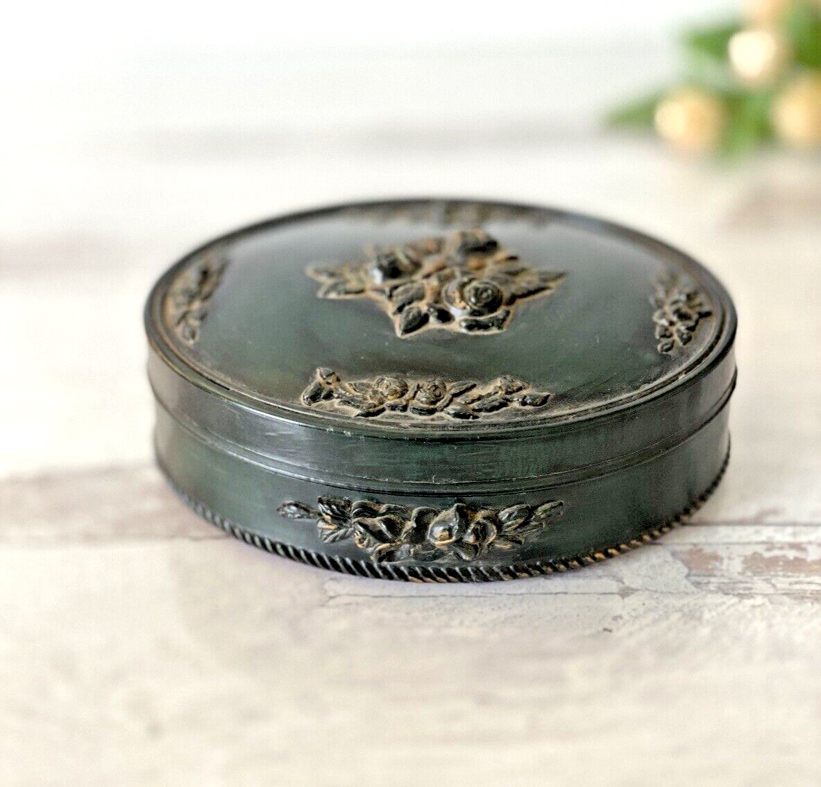 Victorian Revival Imitation Jet Carved Roses Jewelry Box