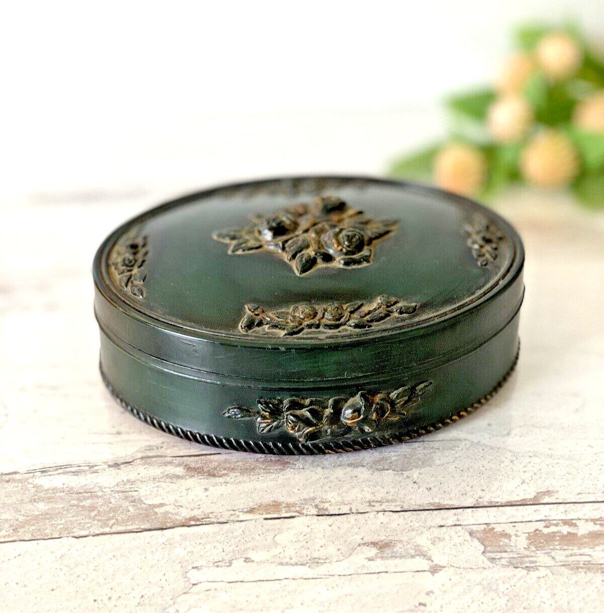 Victorian Revival Imitation Jet Carved Roses Jewelry Box