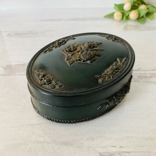 Victorian Revival Imitation Jet Carved Roses Jewelry Box