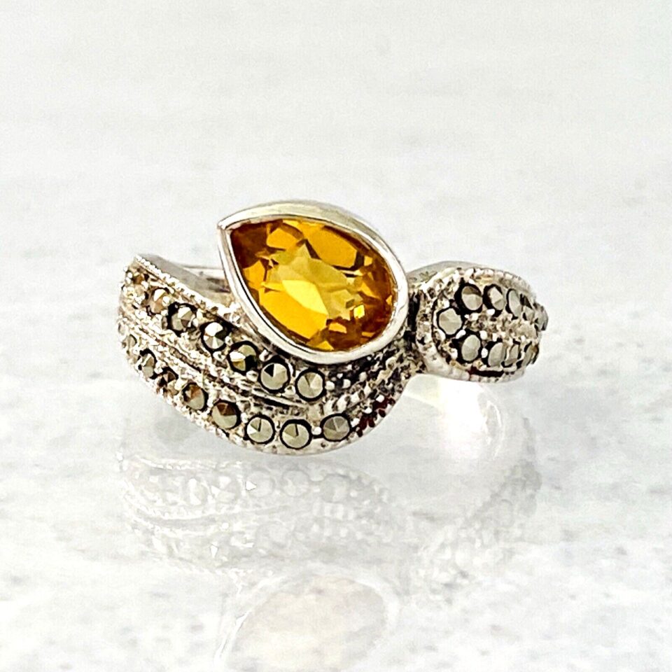 Vintage Marcasite Citrine Sterling Silver Ring Swirl Wave Pear Size 5.25