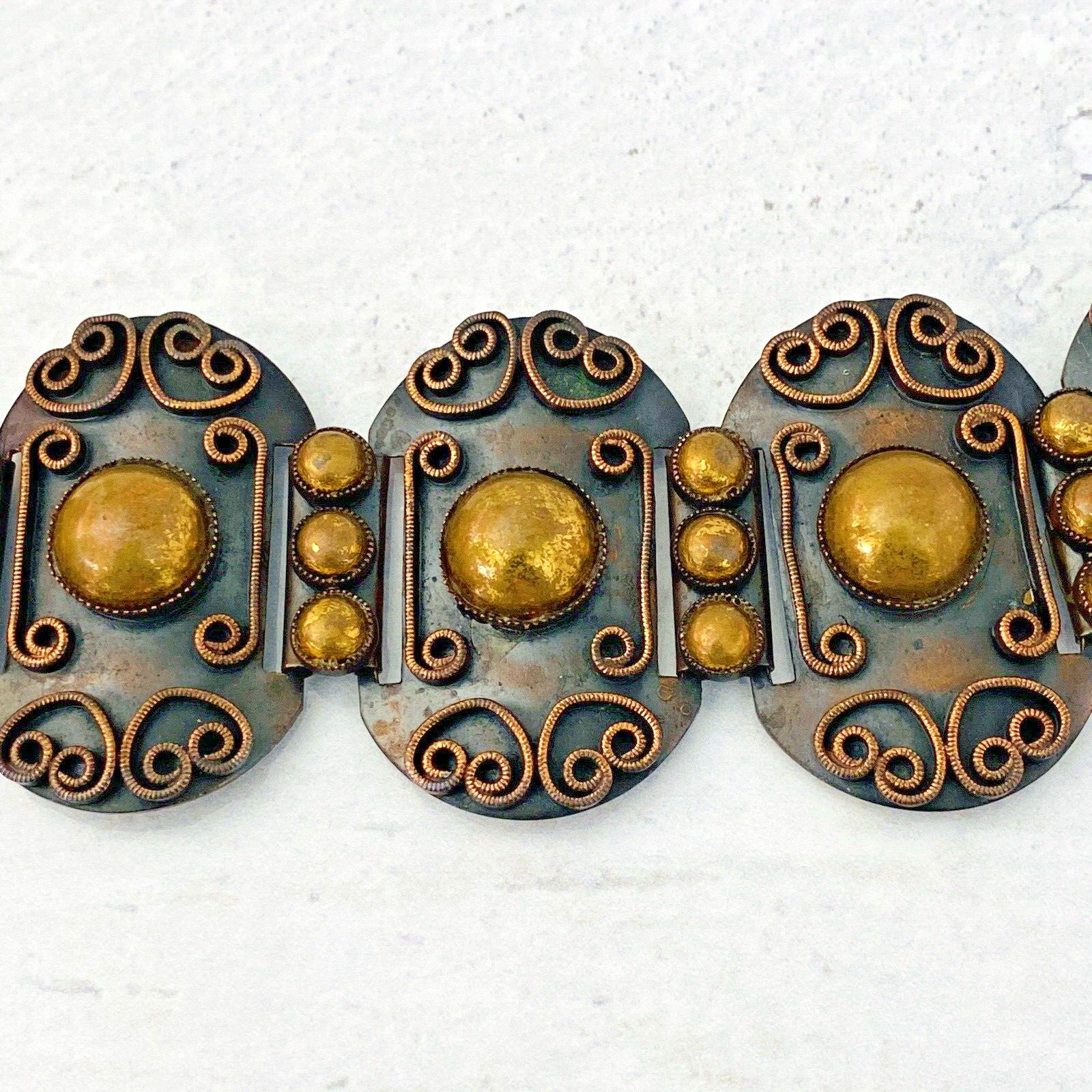 Vintage modernist copper brass wide panel link bracelet artisan 1960s