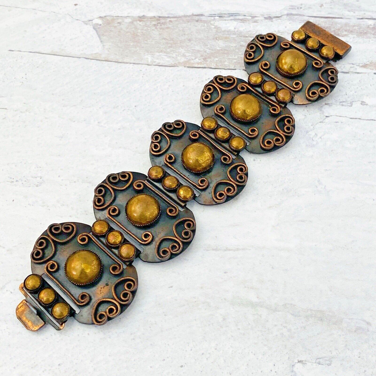 Vintage modernist copper brass wide panel link bracelet artisan 1960s