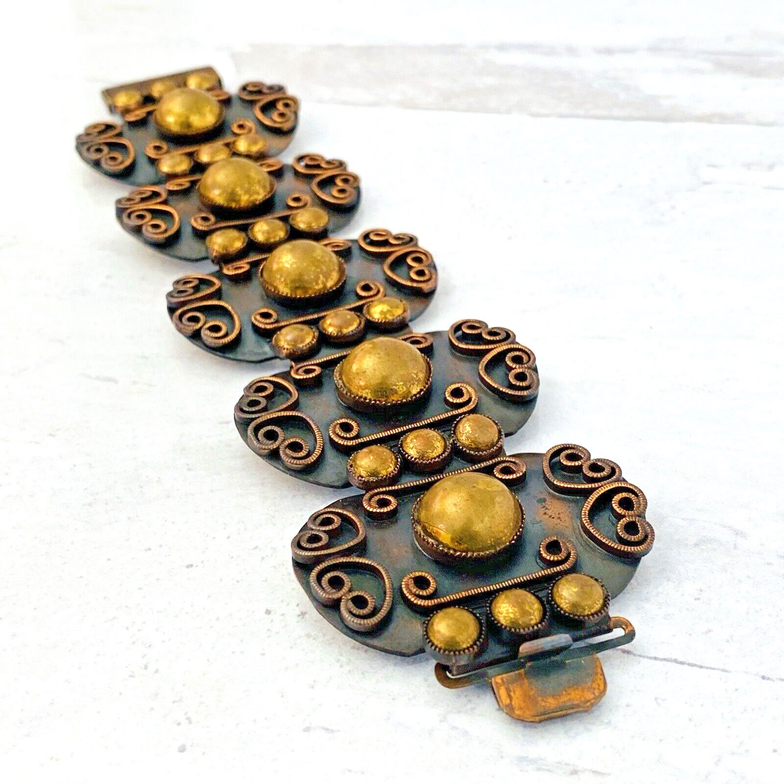 Vintage modernist copper brass wide panel link bracelet artisan 1960s