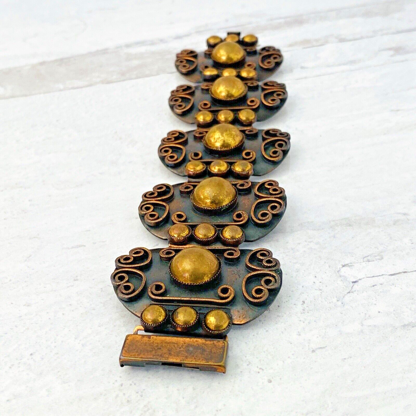 Vintage modernist copper brass wide panel link bracelet artisan 1960s