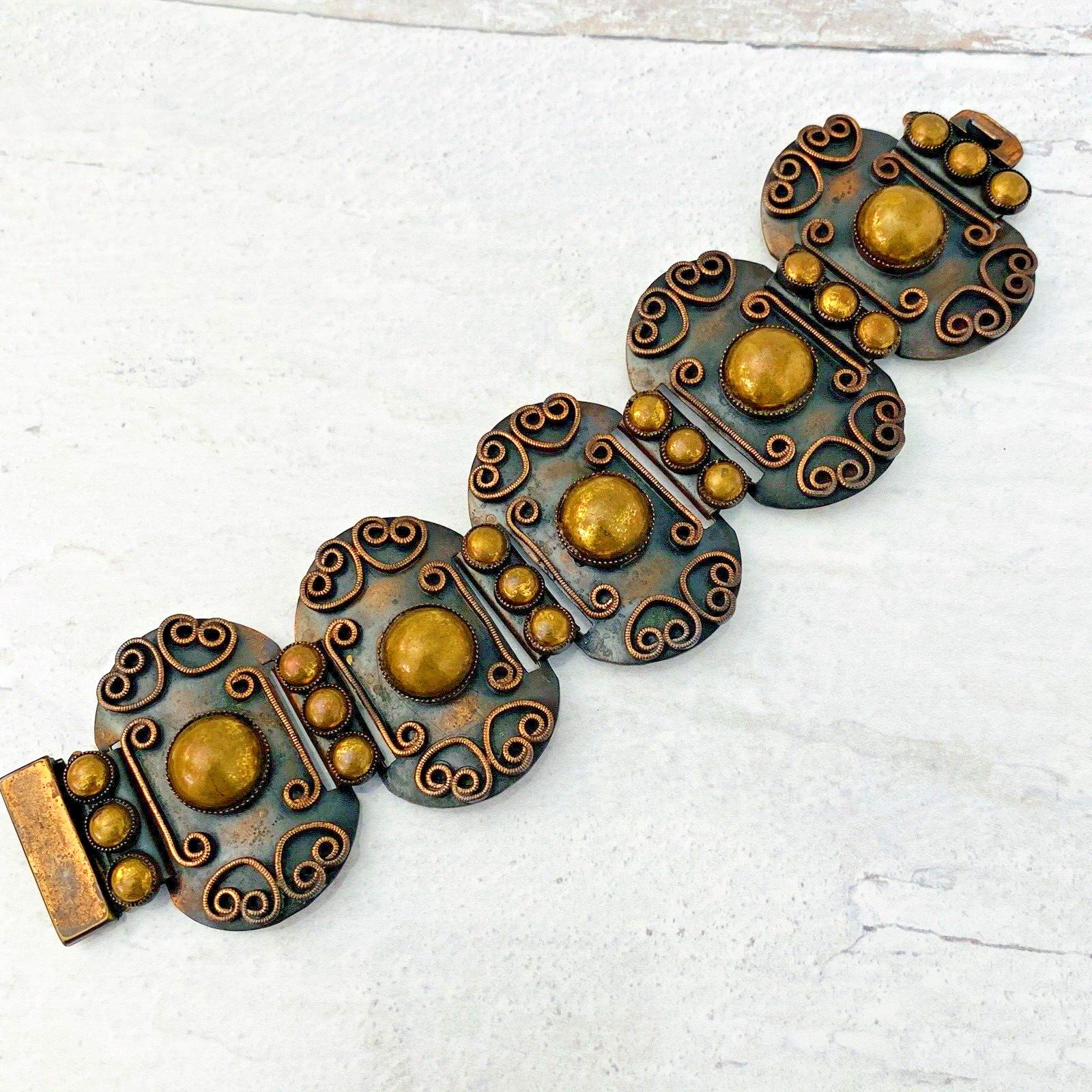 Vintage modernist copper brass wide panel link bracelet artisan 1960s