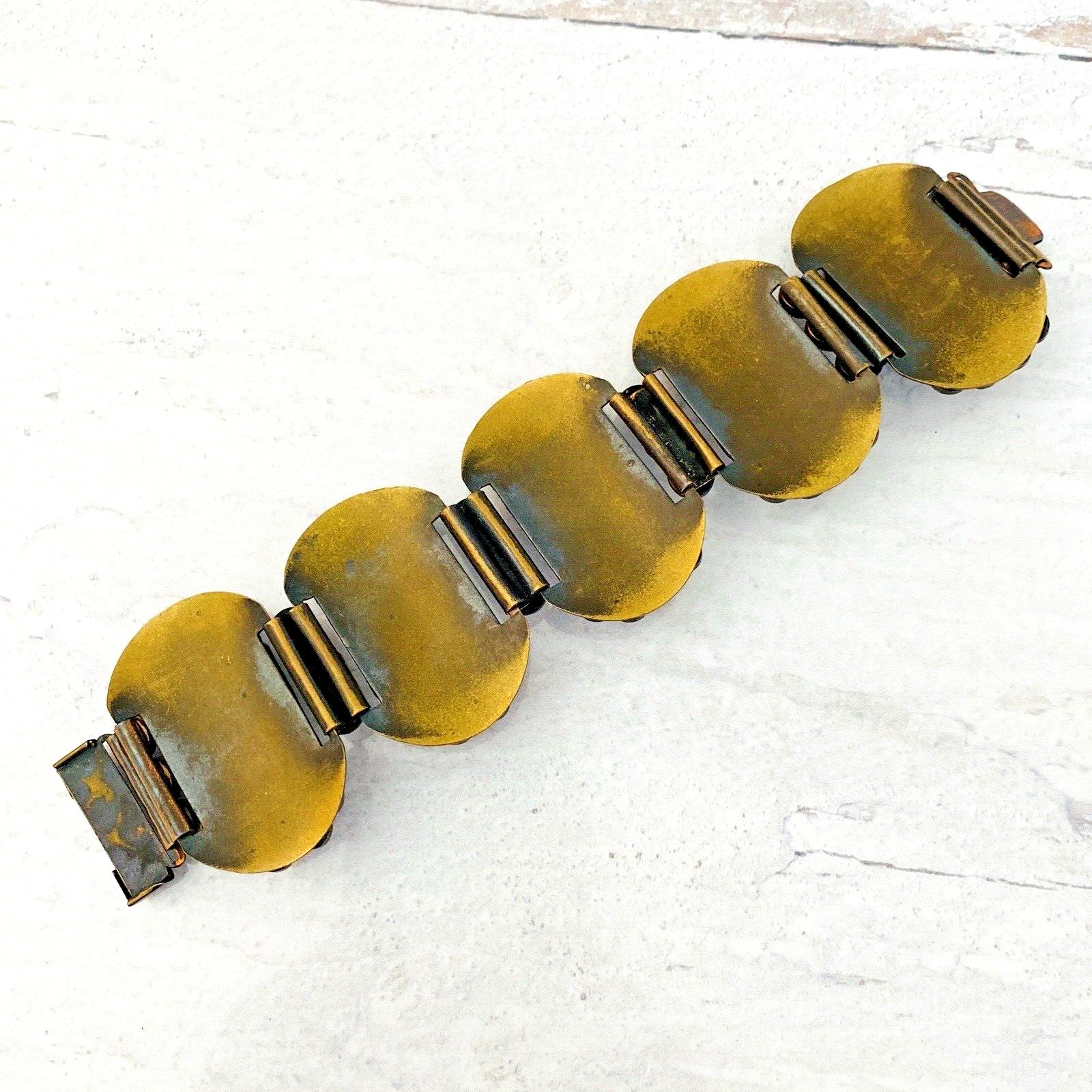 Vintage modernist copper brass wide panel link bracelet artisan 1960s