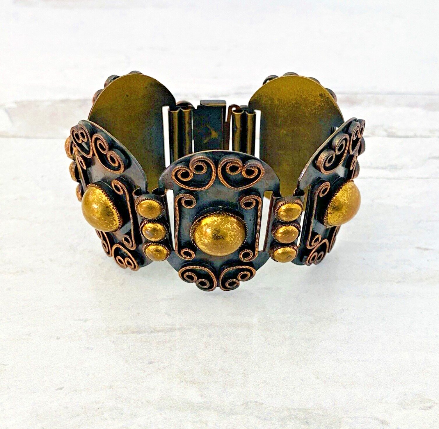 Vintage modernist copper brass wide panel link bracelet artisan 1960s