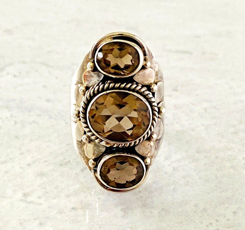 Vintage Smoky Quartz Sterling Silver North South Ring Three Stone Size 6.75