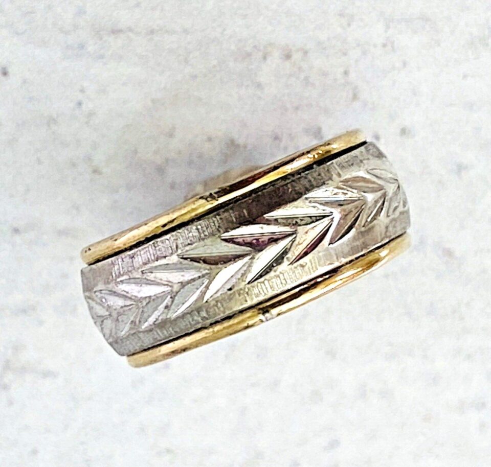 Vintage Sterling Silver Gold Filled Wide Band Ring Diamond Cut 8MM Wide Sz 5.75