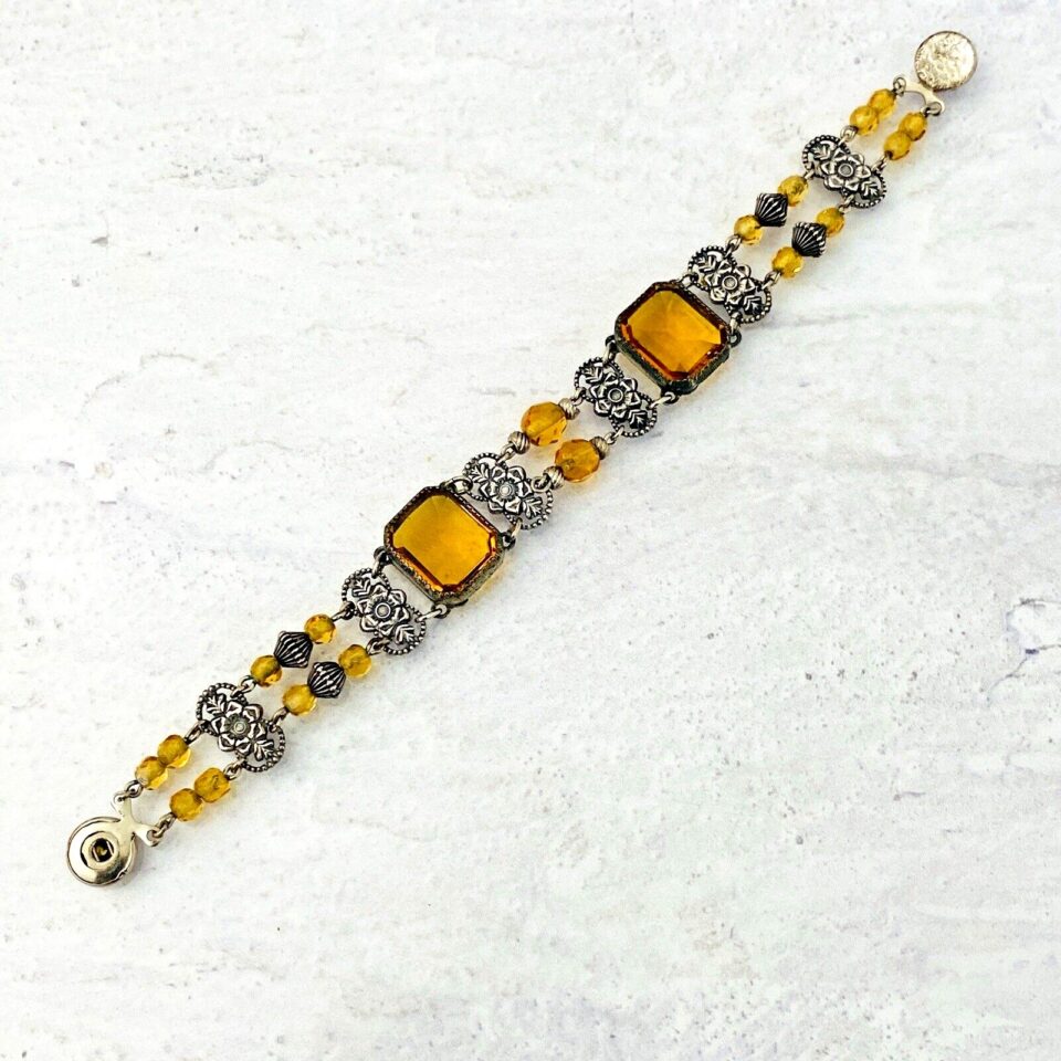 Silver Tone Czech Glass Bracelet Citrine