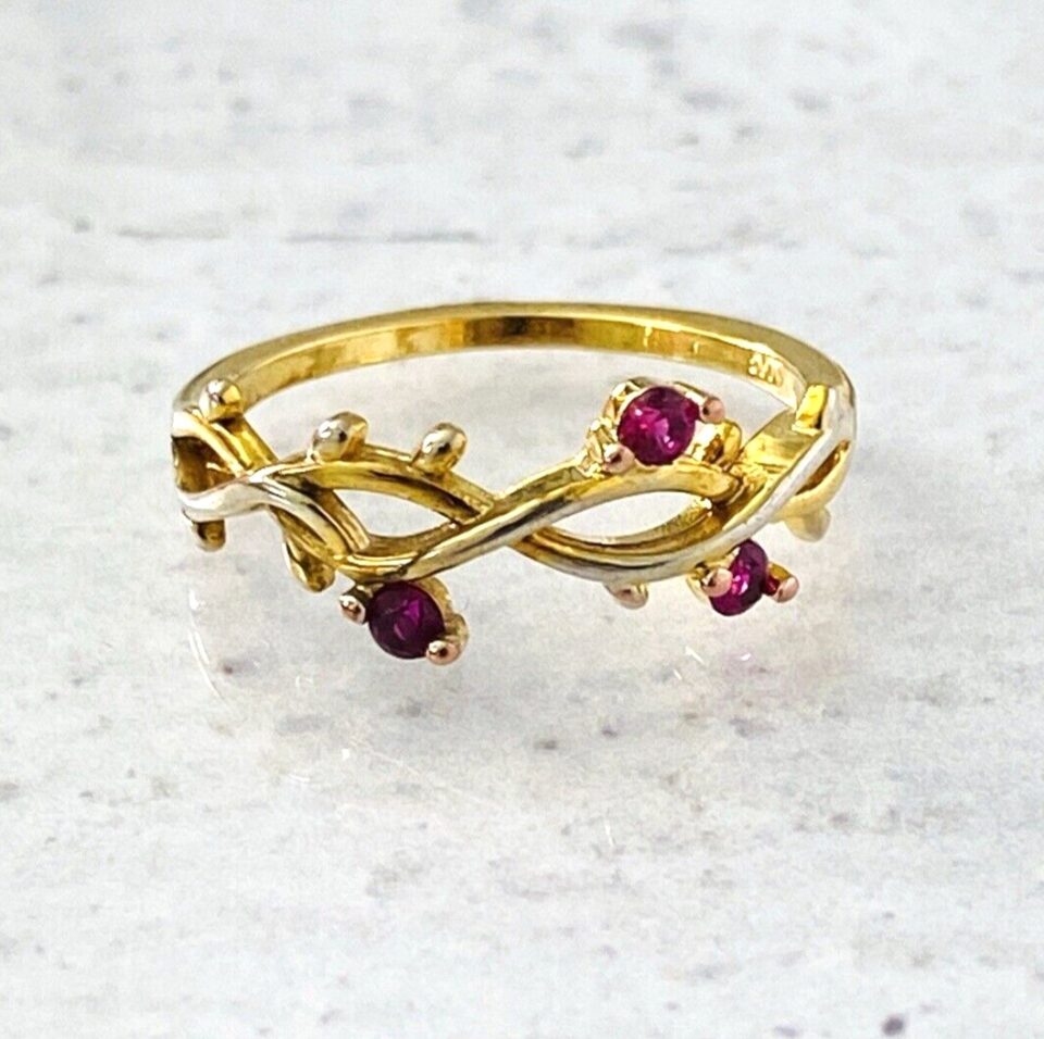 Delicate Gold Vermeil Berries On A Vine Ruby Ring Size 6.5