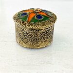 Stamped Metal Enamel White Brass Pill Box Pendant Trinket Ring Round Silver Tone
