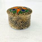 Stamped Metal Enamel White Brass Pill Box Pendant Trinket Ring Round Silver Tone