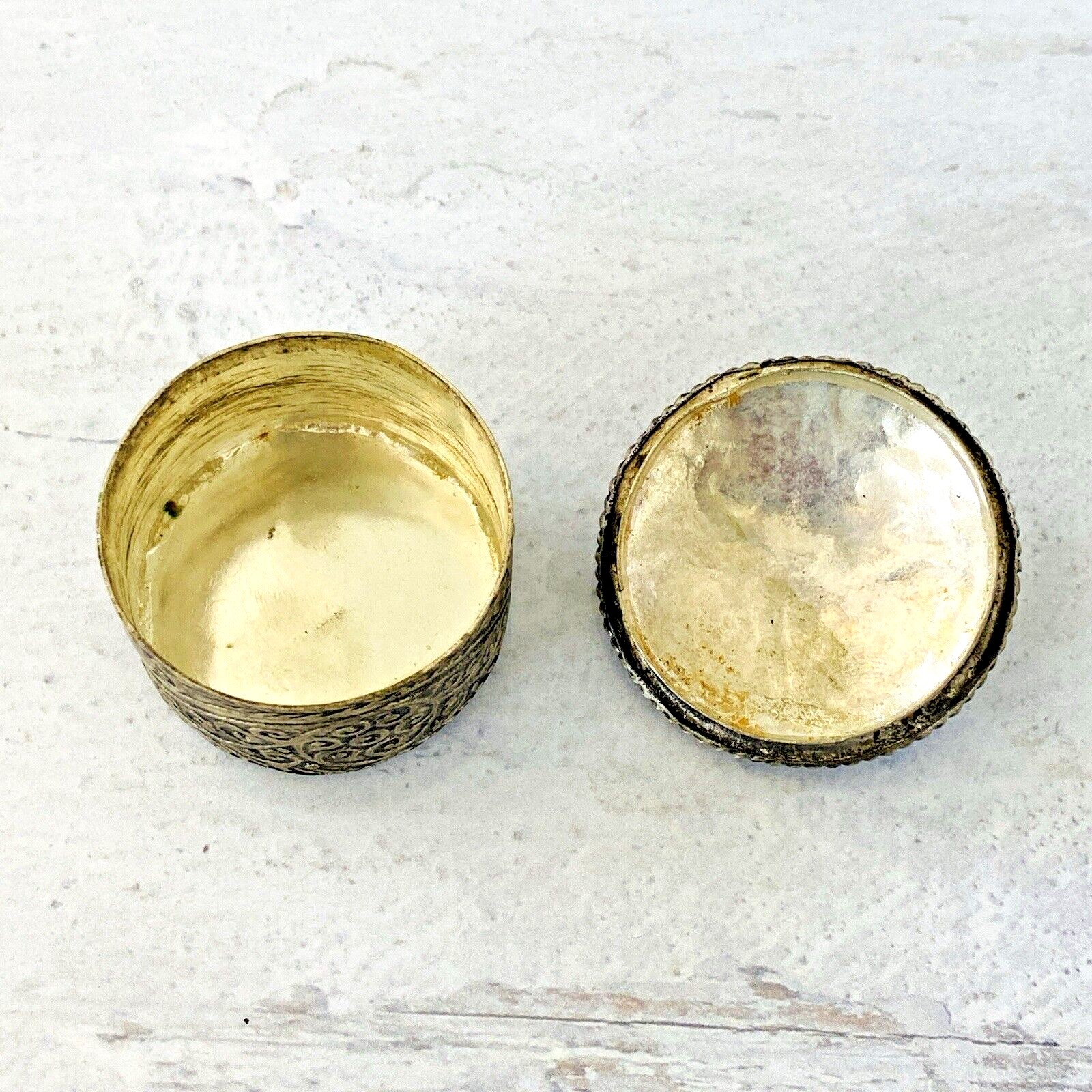 Stamped Metal Enamel White Brass Pill Box Pendant Trinket Ring Round Silver Tone