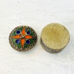 Stamped Metal Enamel White Brass Pill Box Pendant Trinket Ring Round Silver Tone