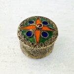 Stamped Metal Enamel White Brass Pill Box Pendant Trinket Ring Round Silver Tone