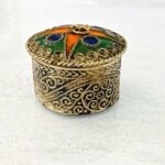 Stamped Metal Enamel White Brass Pill Box Pendant Trinket Ring Round Silver Tone