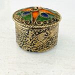 Stamped Metal Enamel White Brass Pill Box Pendant Trinket Ring Round Silver Tone