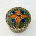 Stamped Metal Enamel White Brass Pill Box Pendant Trinket Ring Round Silver Tone