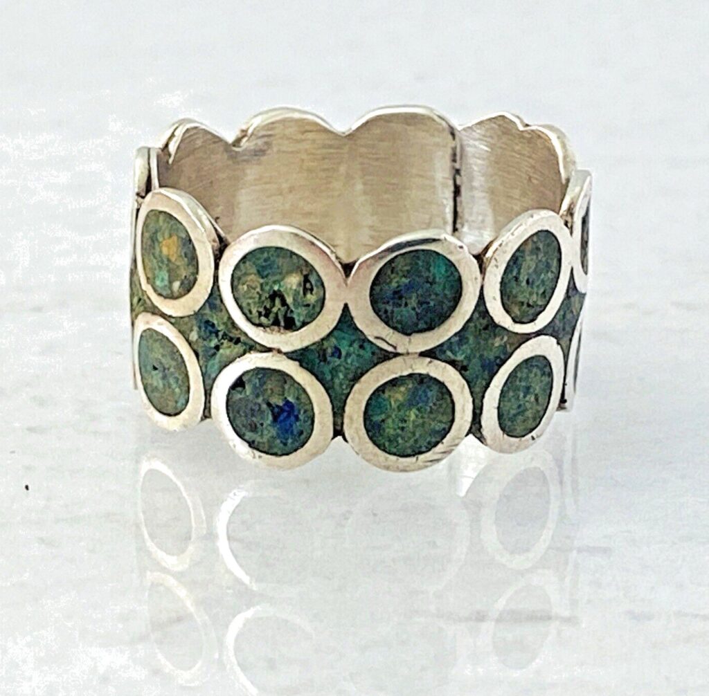 Vintage Mexican Sterling Silver Circles Turquoise Inlay Wide Band Ring Sz 7 3/4