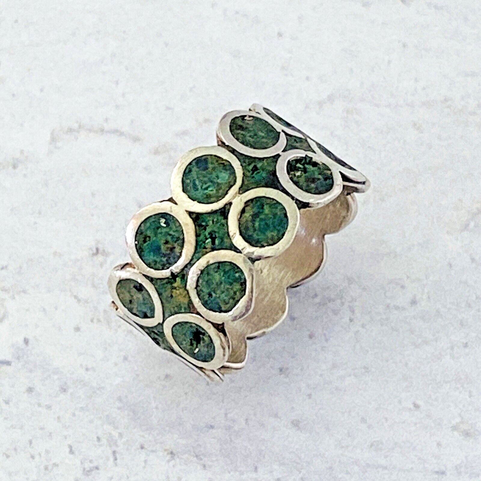 Vintage Mexican Sterling Silver Circles Turquoise Inlay Wide Band Ring Sz 7 3/4