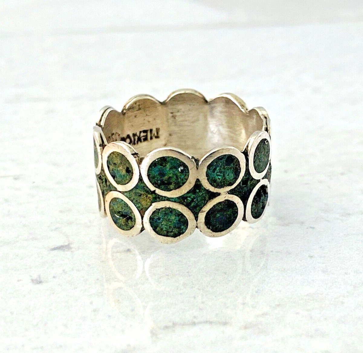 Vintage Mexican Sterling Silver Circles Turquoise Inlay Wide Band Ring Sz 7 3/4
