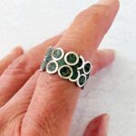 Vintage Mexican Sterling Silver Circles Turquoise Inlay Wide Band Ring Sz 7 3/4