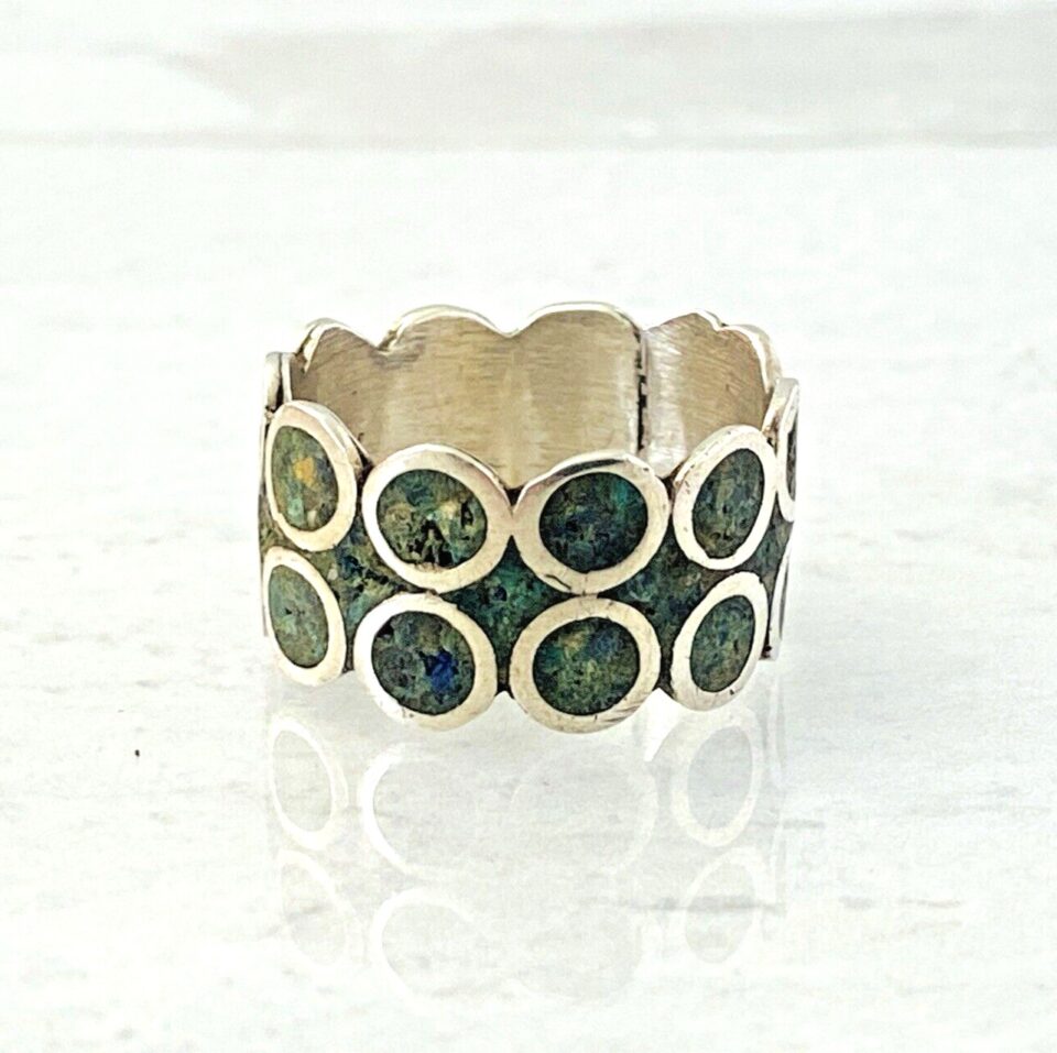 Vintage Mexican Sterling Silver Circles Turquoise Inlay Wide Band Ring Sz 7 3/4