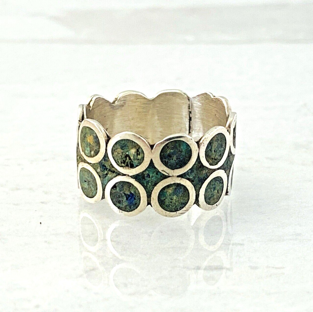Vintage Mexican Sterling Silver Circles Turquoise Inlay Wide Band Ring Sz 7 3/4