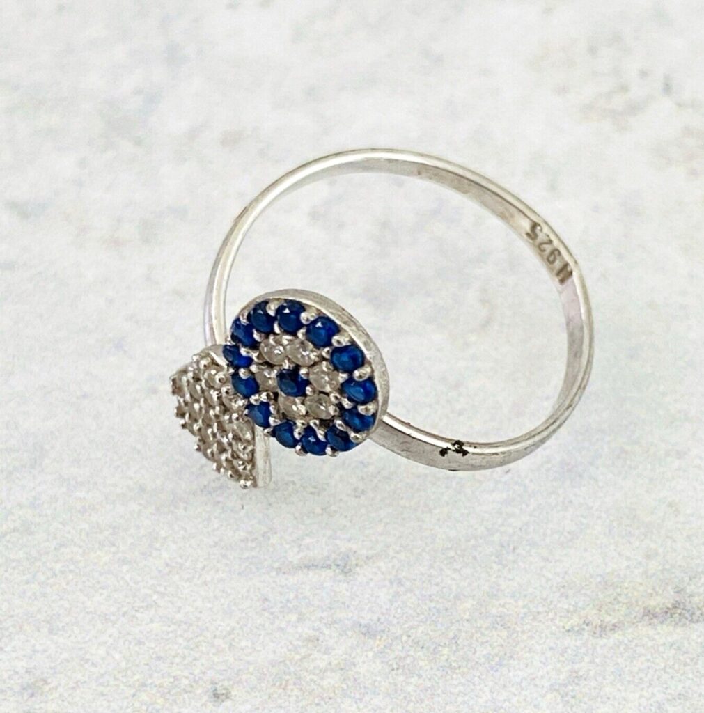 Delicate Flower and Heart Sterling Silver Bypass Ring Cubic Zirconia Sapphire Sz 5