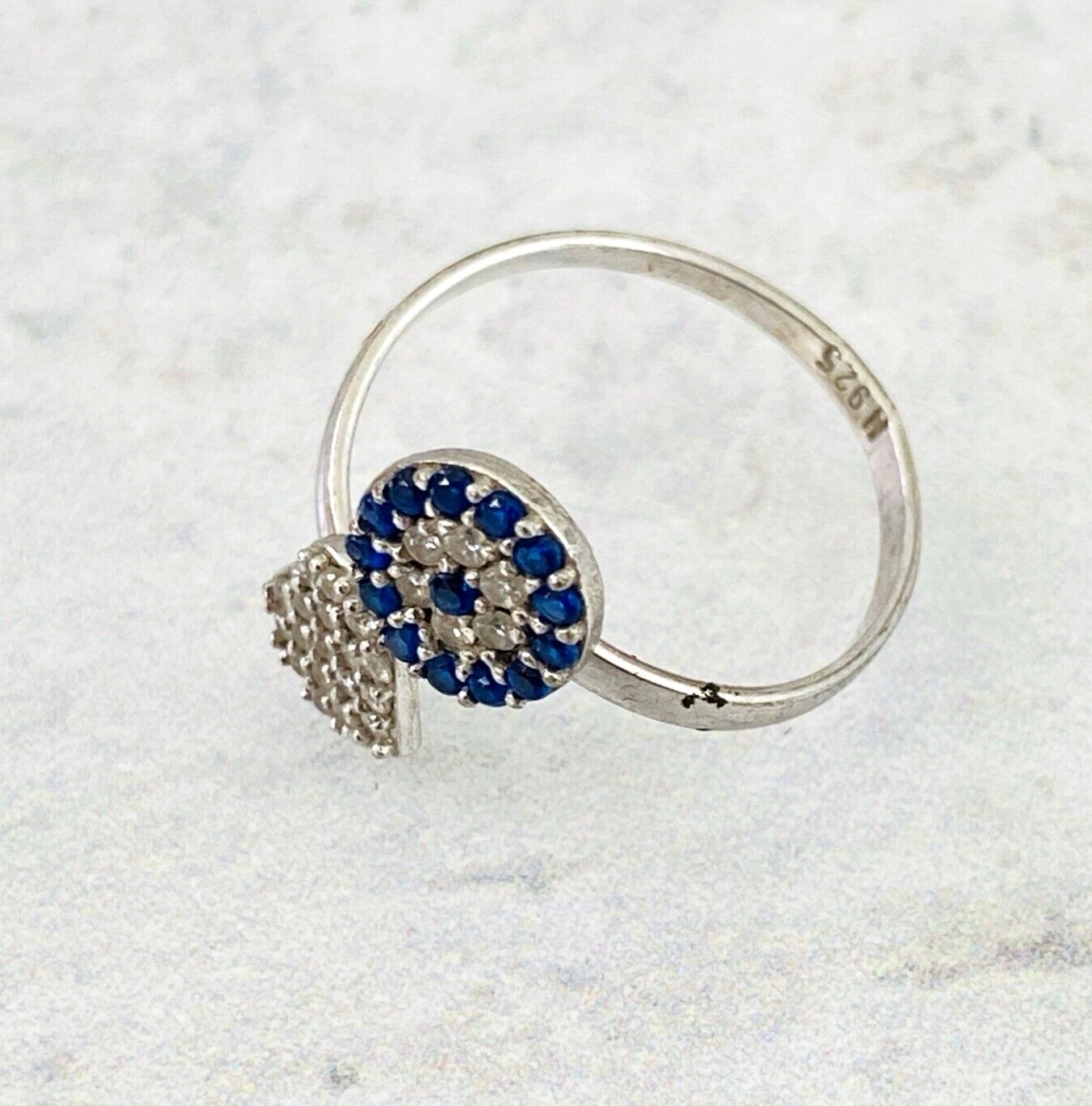 Delicate Flower and Heart Sterling Silver Bypass Ring Cubic Zirconia Sapphire Sz 5