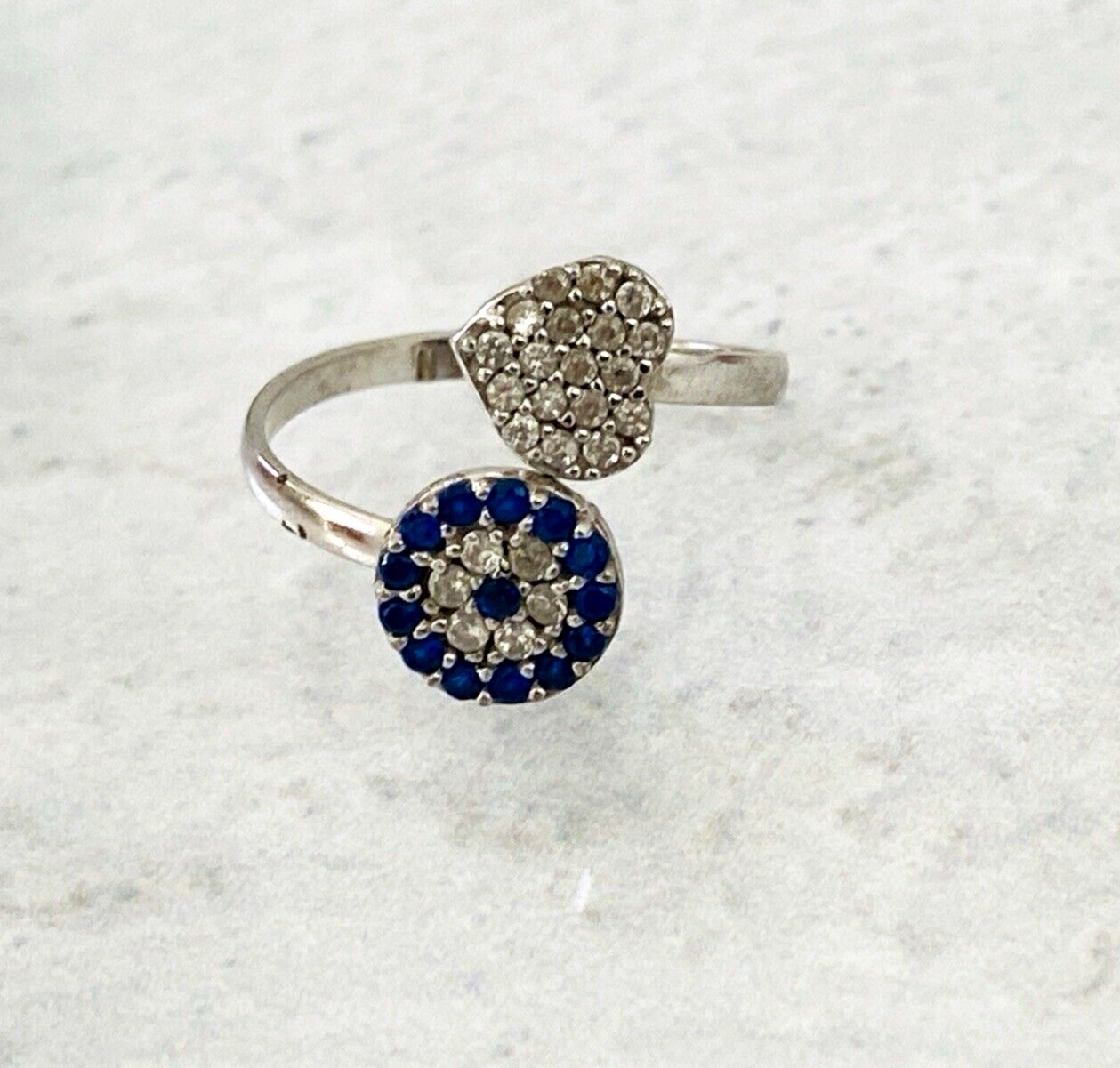 Delicate Flower and Heart Sterling Silver Bypass Ring Cubic Zirconia Sapphire Sz 5