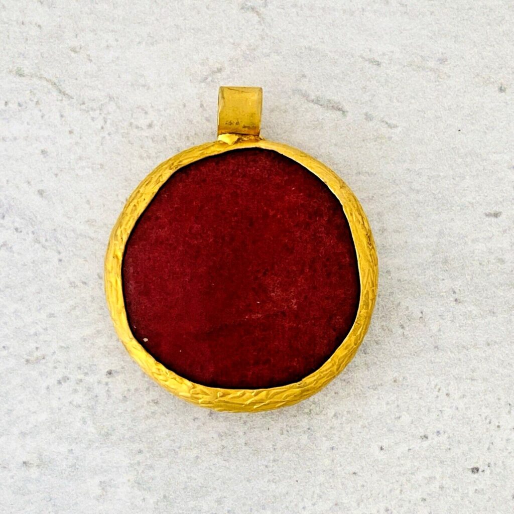 Large Faceted Ruby Quartz Disk Gold Elecroplated Frame Pendant