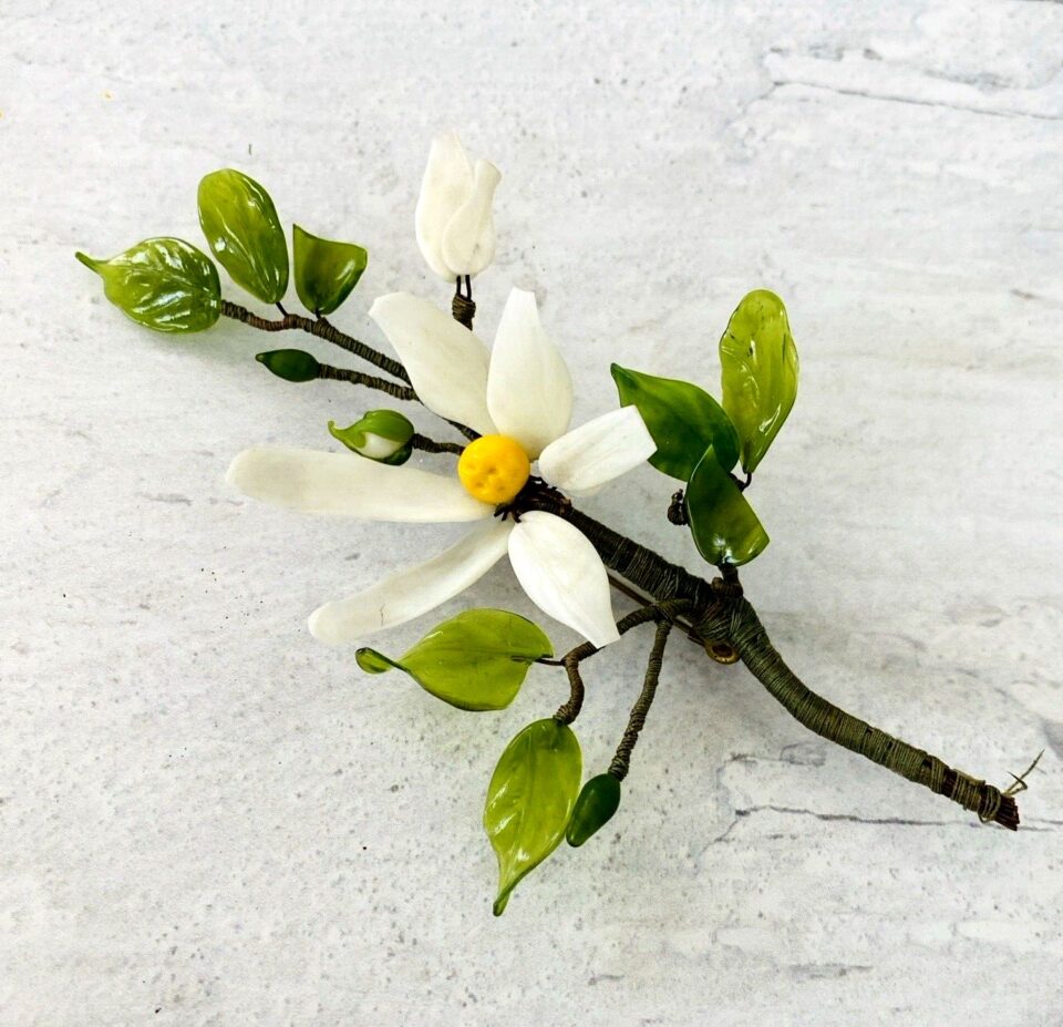Patê De Verre White Flower Spray Brooch Corsage Vintage Hand Made Millinery