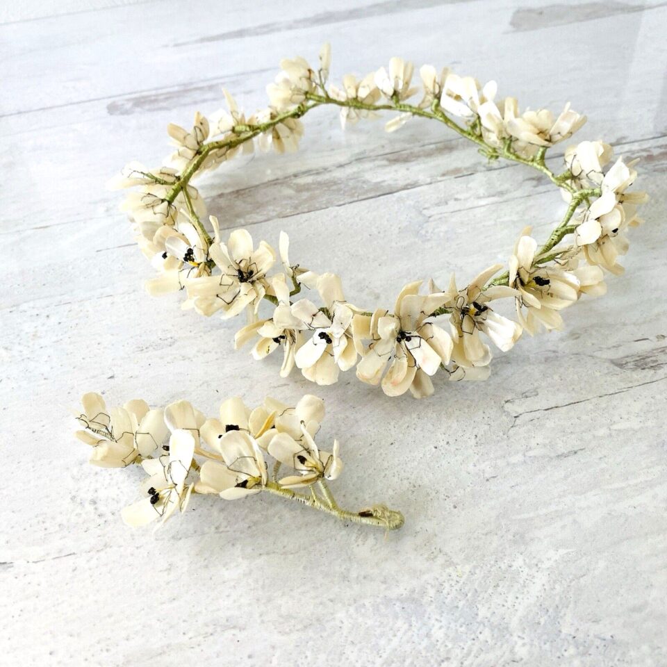 Vintage Mother-of-Pearl Flowers Bridal Crown Tiara and Groom's Boutonniere