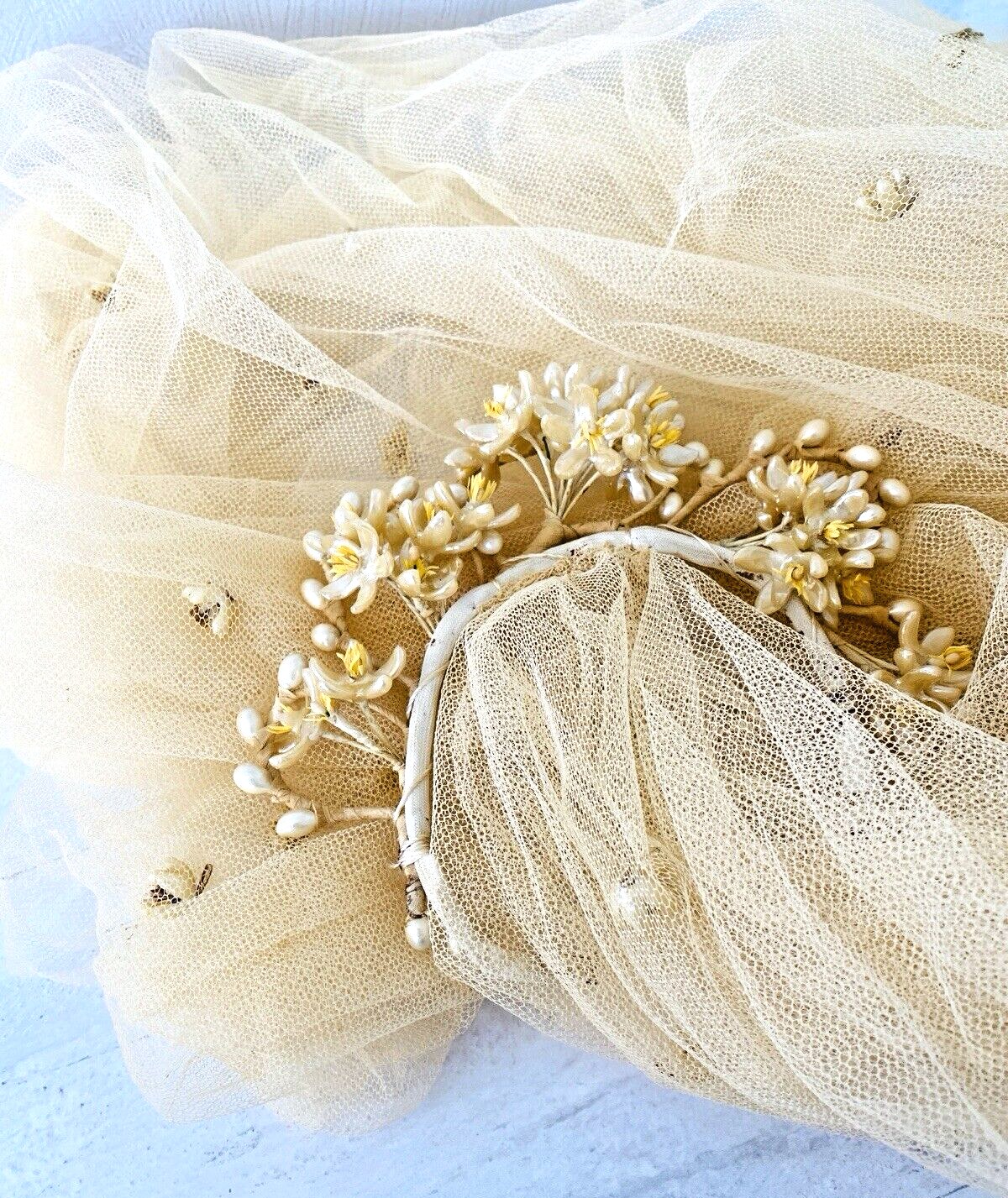 Vintage Wax Flowers Bridal Tiara and Veil with Orange Blossoms