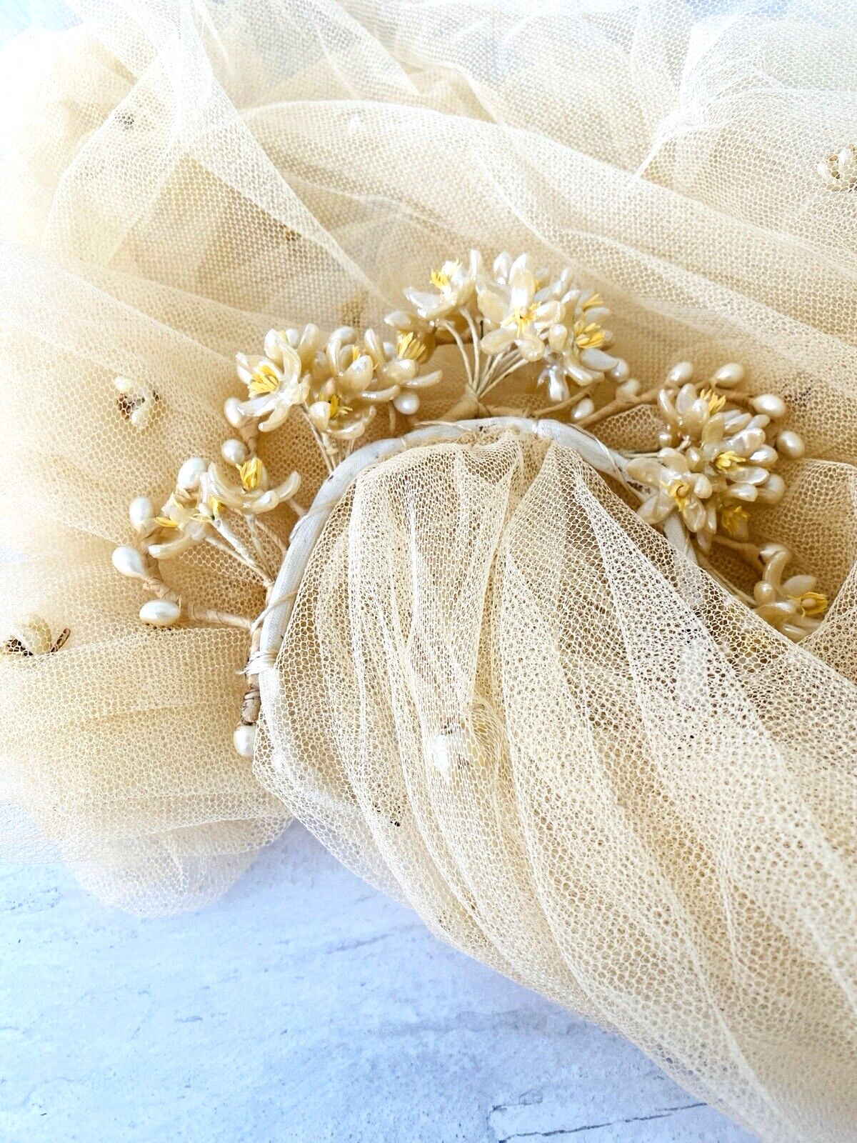 Vintage Wax Flowers Bridal Tiara and Veil with Orange Blossoms
