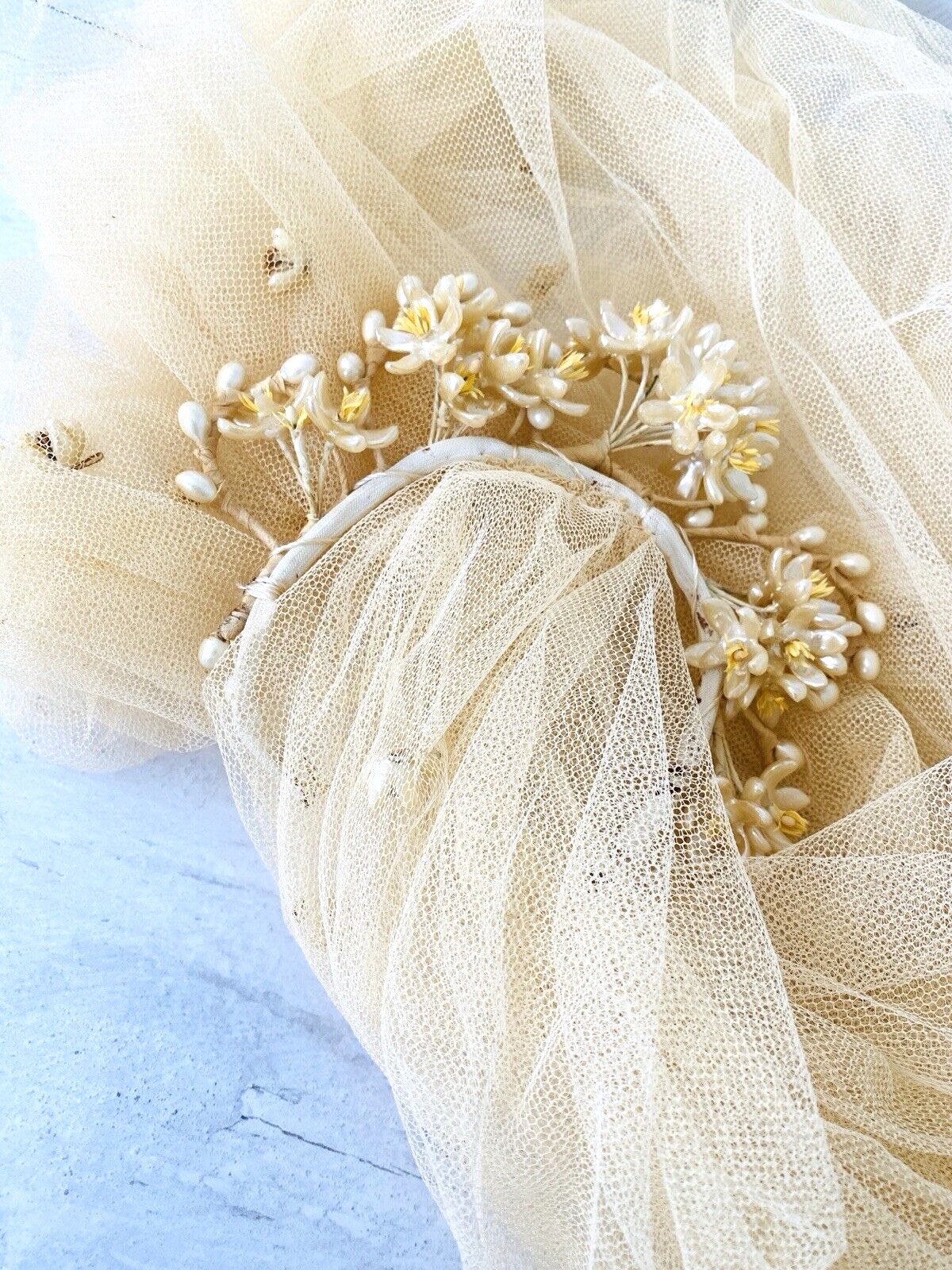 Vintage Wax Flowers Bridal Tiara and Veil with Orange Blossoms