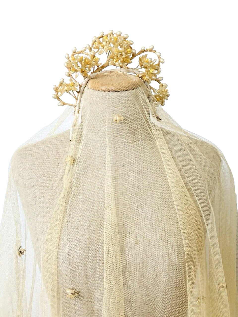 Vintage Wax Flowers Bridal Tiara and Veil with Orange Blossoms