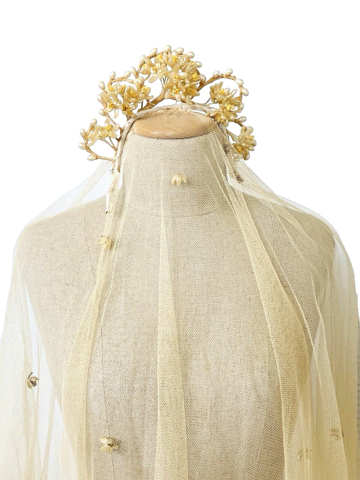 Vintage Wax Flowers Bridal Tiara and Veil with Orange Blossoms