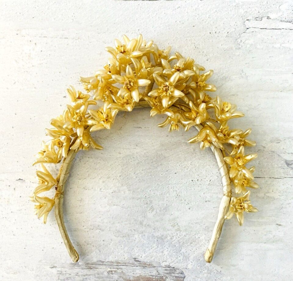 Vintage Wedding Bridal Tiara Headpiece Pearly Golden Wax Orange Flowers ca 1940s