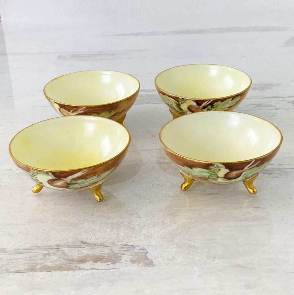 Set Of 4 Hand Painted Footed Fine Porcelain Salts or Finger Tip Bowls - Antique Victorian w Dedication